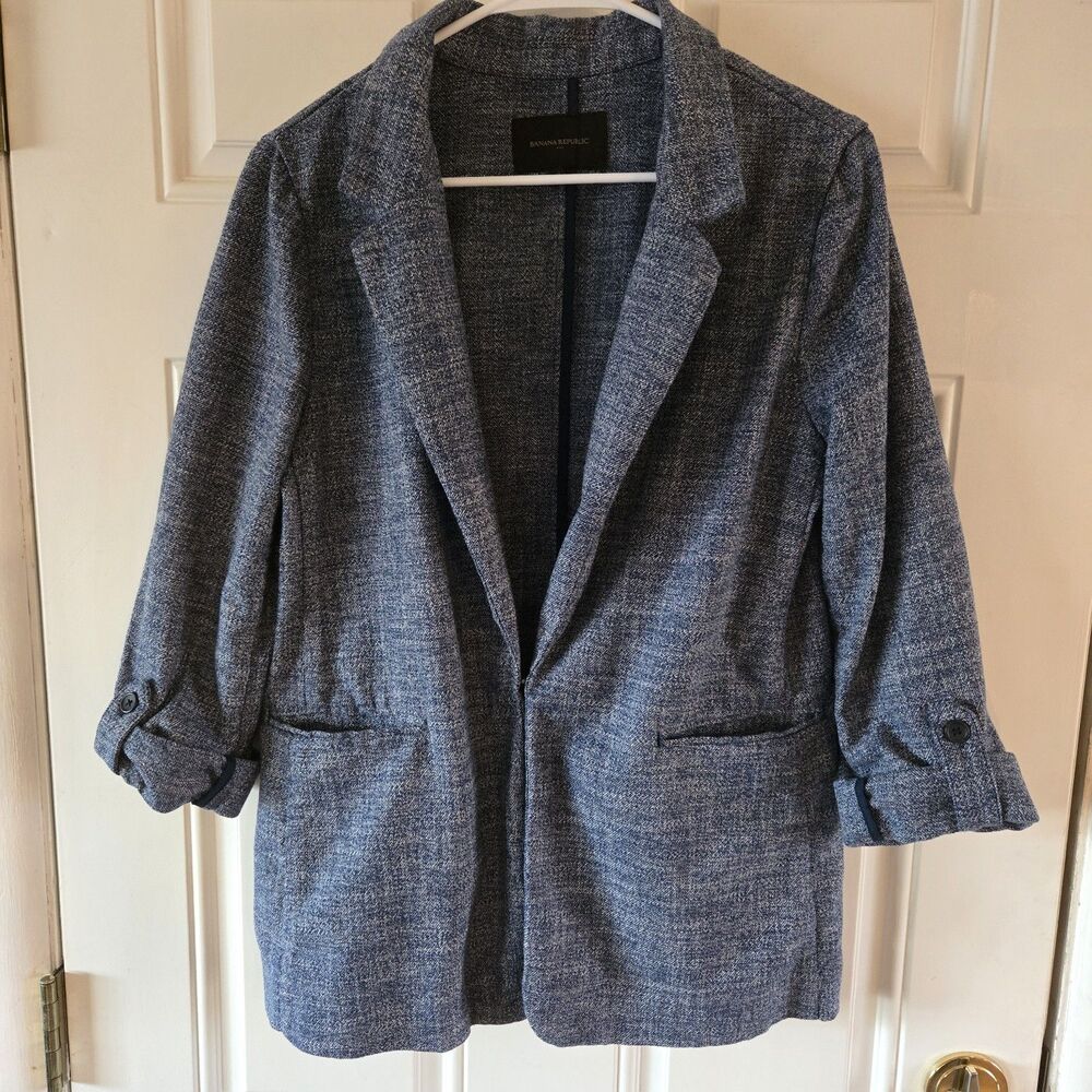 Banana Republic Knit Blazer Blue Size 10 Hook Front Roll Tab Sleeves Soft Jacket